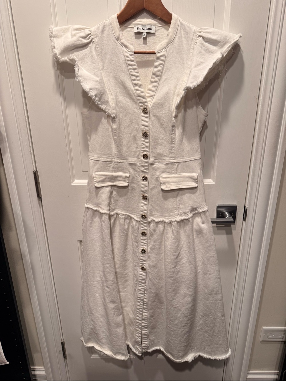 En Saison Denim White Button-Front Ruffle Sleeve Midi Dress
